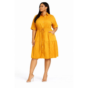 Womens Short Sleeve Button Front Shirt Dress with Drawstring Waist